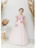 Off Shoulder Blush Pink Lace Tulle Corset Back Flower Girl Dress